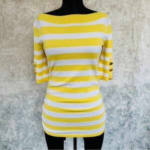 Cache Yellow and White Striped Short Sleeve Top